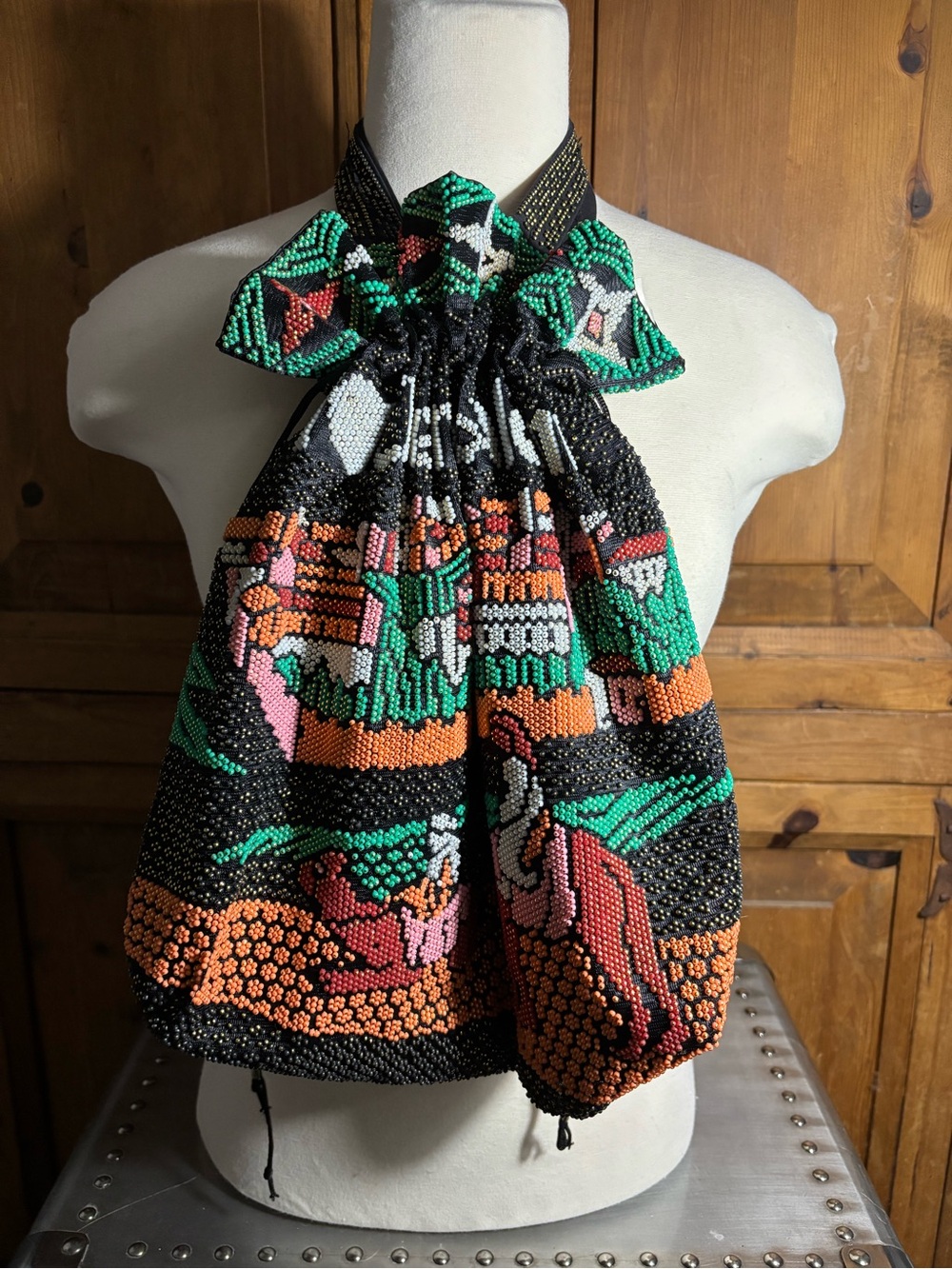 Vintage Beaded Drawstring Tote Bag in Black, Green, Orange